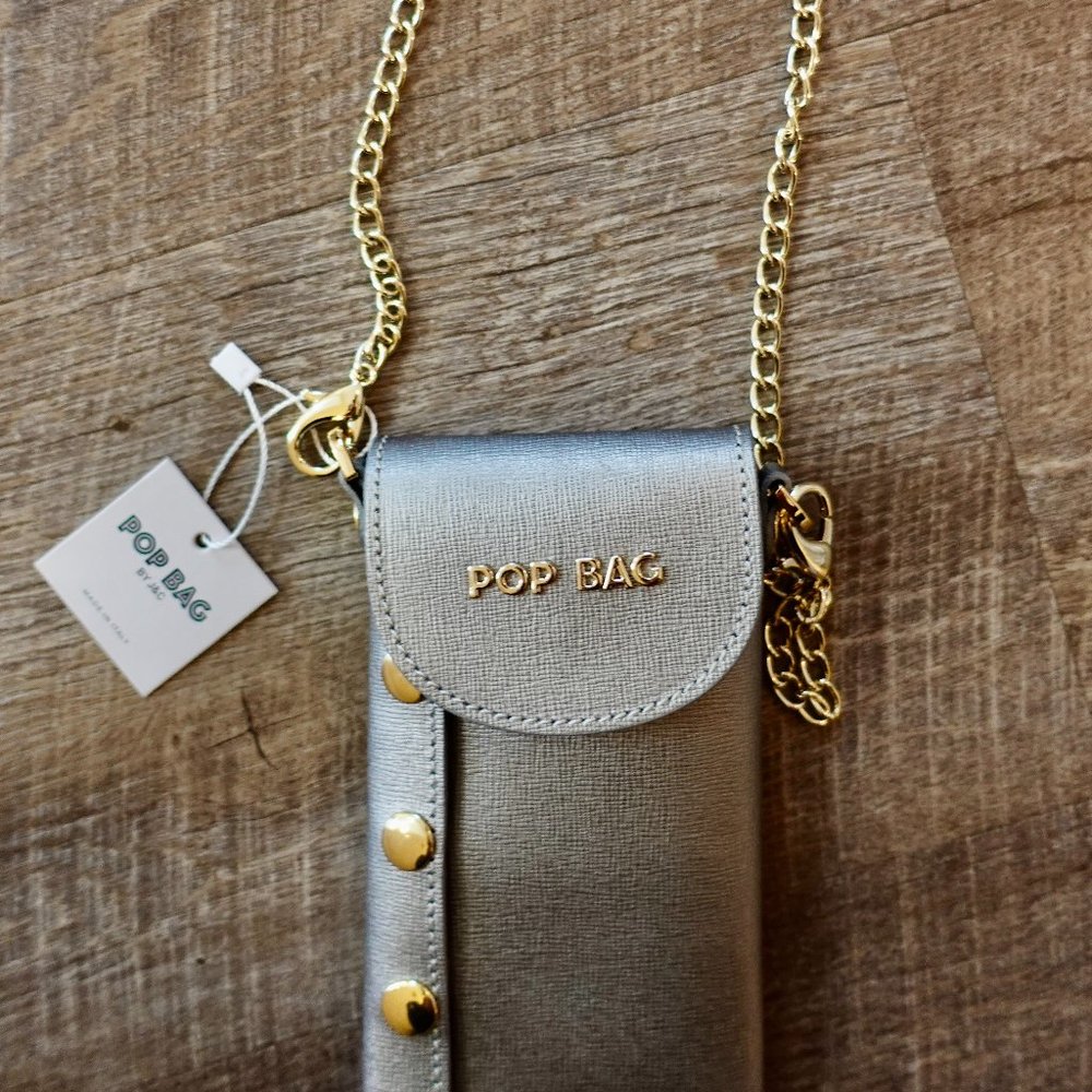 NWT POP BAG BY J&C Italian Saffiano Genuine Leather Phone Purse Chain Champagne